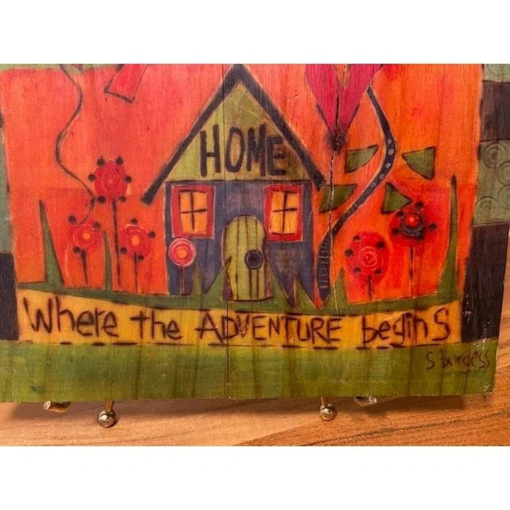 S Burgess Hand Painted Wood Wall Plaque Home Where the Adventure Begins Folk Art